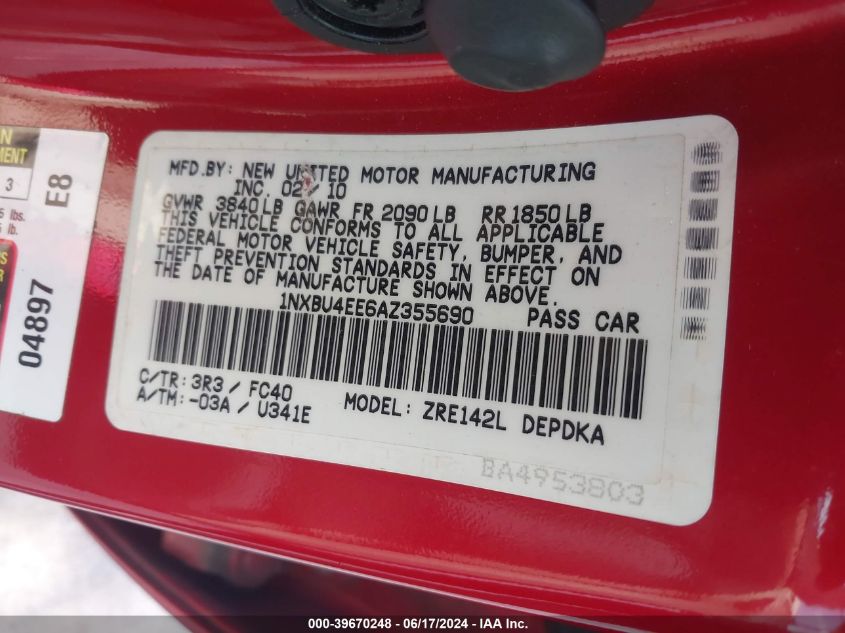 2010 Toyota Corolla Le VIN: 1NXBU4EE6AZ355690 Lot: 39670248