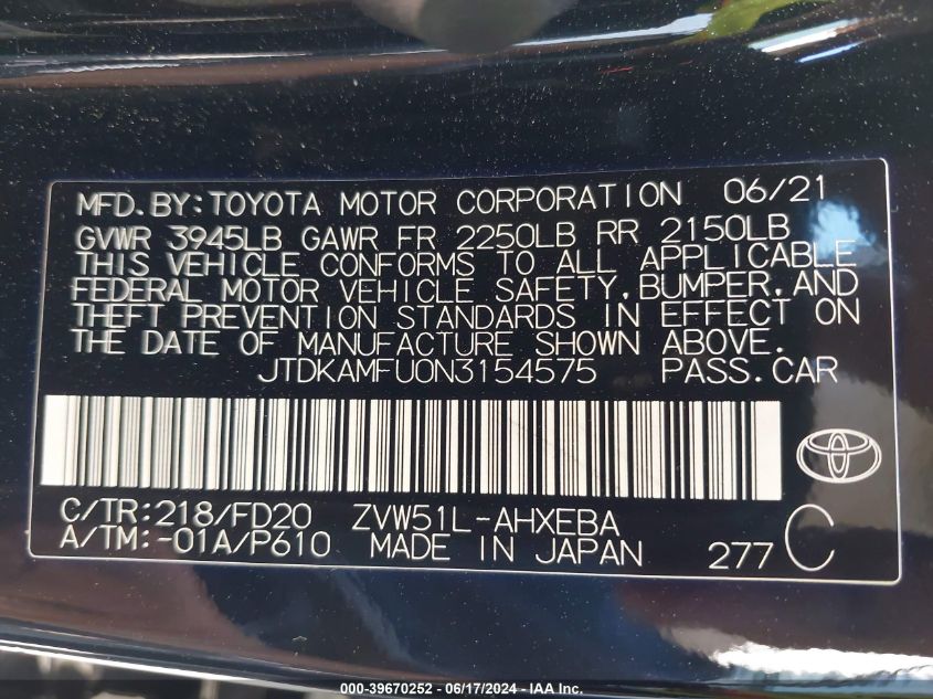 2022 Toyota Prius Le VIN: JTDKAMFU0N3154575 Lot: 39670252