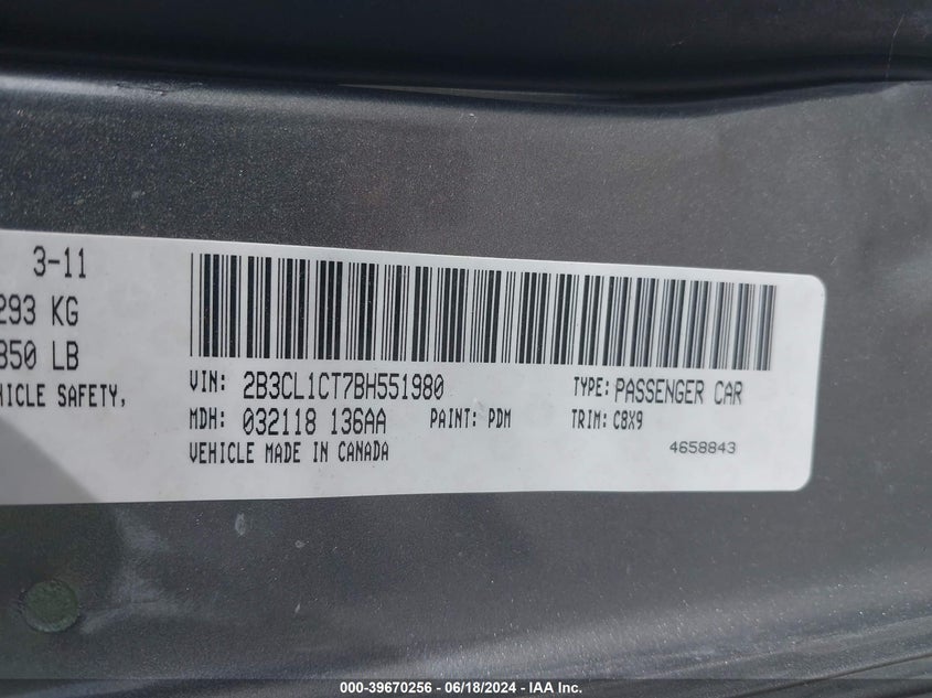 2011 Dodge Charger Police VIN: 2B3CL1CT7BH551980 Lot: 39670256