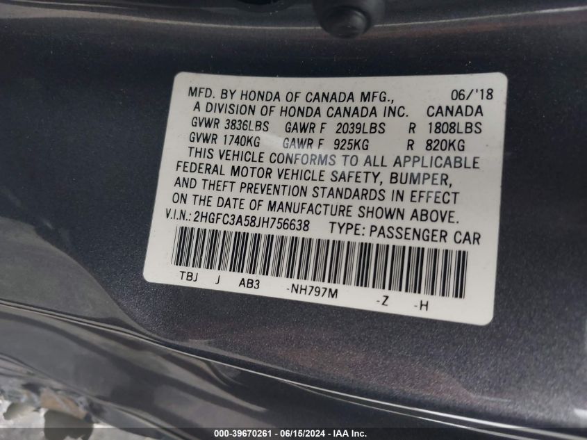 2018 Honda Civic Si VIN: 2HGFC3A58JH756638 Lot: 39670261