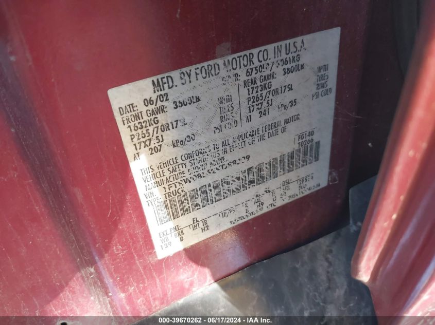 2002 Ford F-150 Lariat/Xlt VIN: 1FTRW08L62KD88329 Lot: 39670262