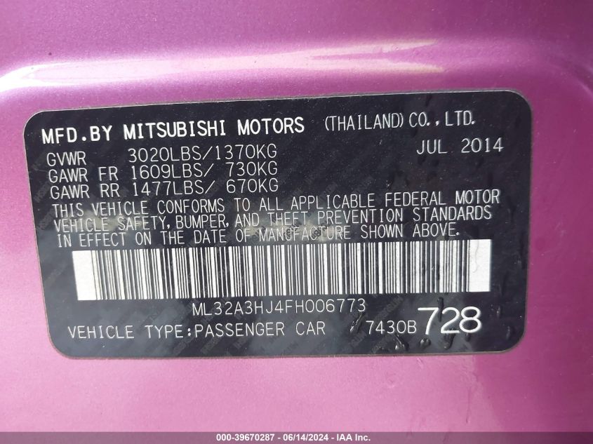 2015 Mitsubishi Mirage De VIN: ML32A3HJ4FH006773 Lot: 39670287