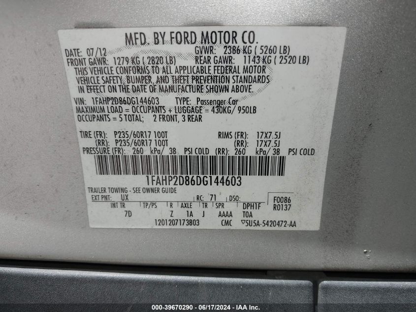 1FAHP2D86DG144603 2013 Ford Taurus Se