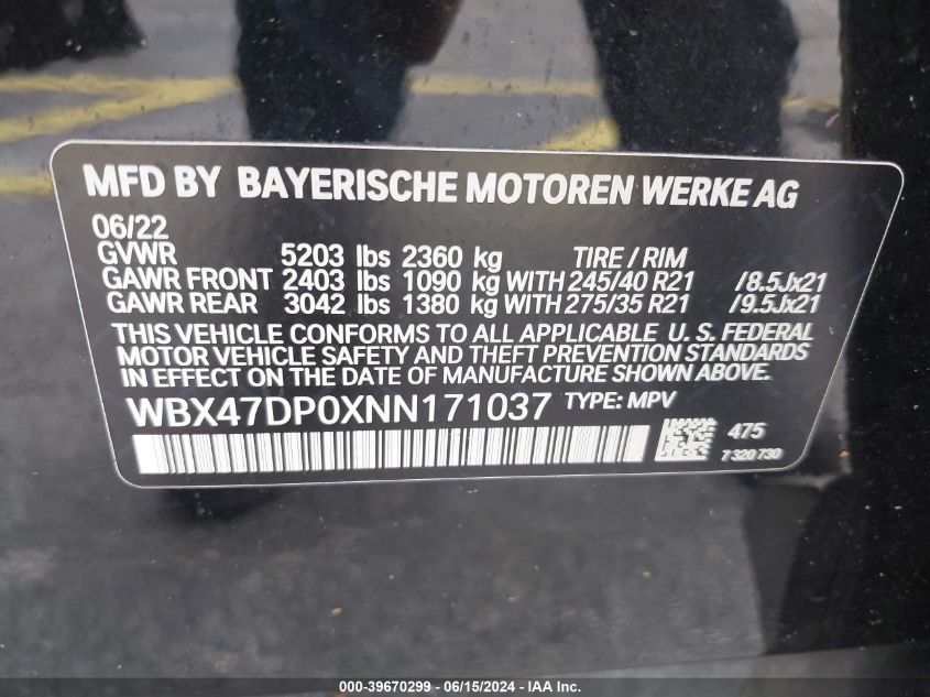 2022 BMW X3 Sdrive30I VIN: WBX47DP0XNN171037 Lot: 39670299