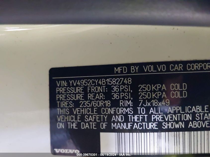 2011 Volvo Xc90 3.2 VIN: YV4952CY4B1582748 Lot: 39670301