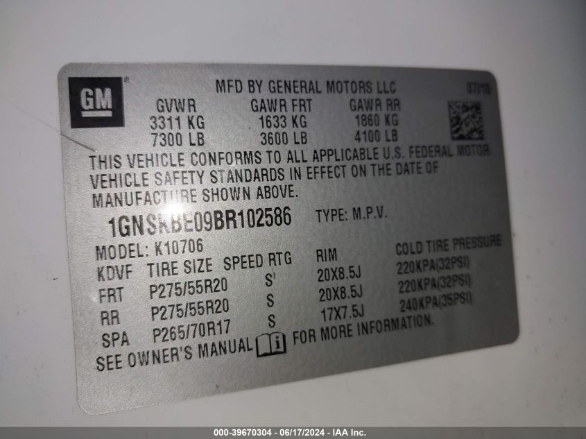 2011 Chevrolet Tahoe Lt VIN: 1GNSKBE09BR102586 Lot: 39670304
