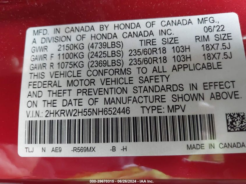 2022 Honda Cr-V Awd Ex VIN: 2HKRW2H55NH652446 Lot: 39670315