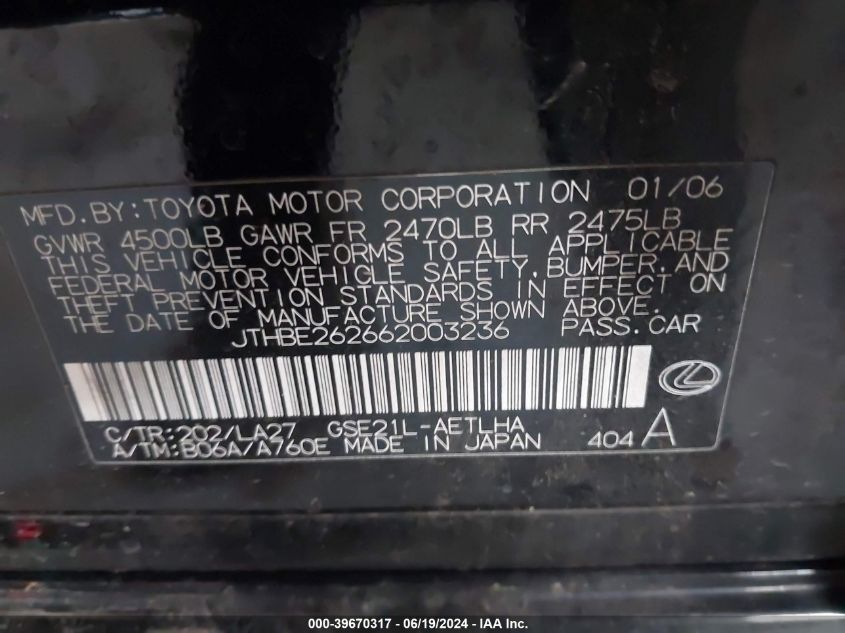 2006 Lexus Is 350 VIN: JTHBE262662003236 Lot: 39670317