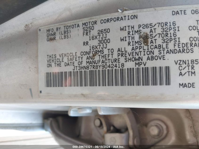 2000 Toyota 4Runner Limited V6 VIN: JT3HN87R8Y9042418 Lot: 39670321