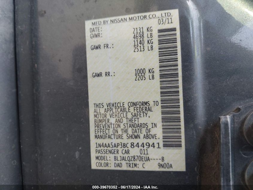 2011 Nissan Maxima 3.5 S VIN: 1N4AA5AP3BC844941 Lot: 39670352