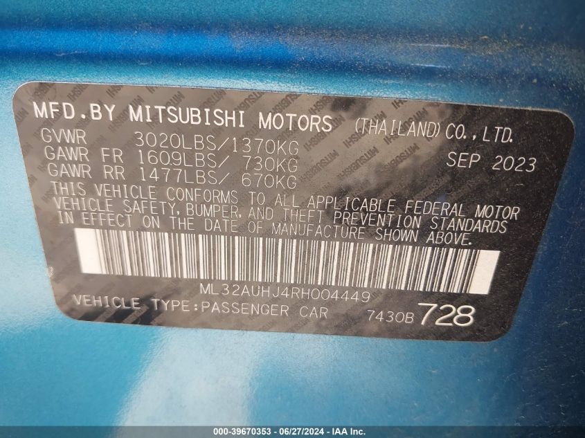 2024 Mitsubishi Mirage Es/Le VIN: ML32AUHJ4RH004449 Lot: 39670353