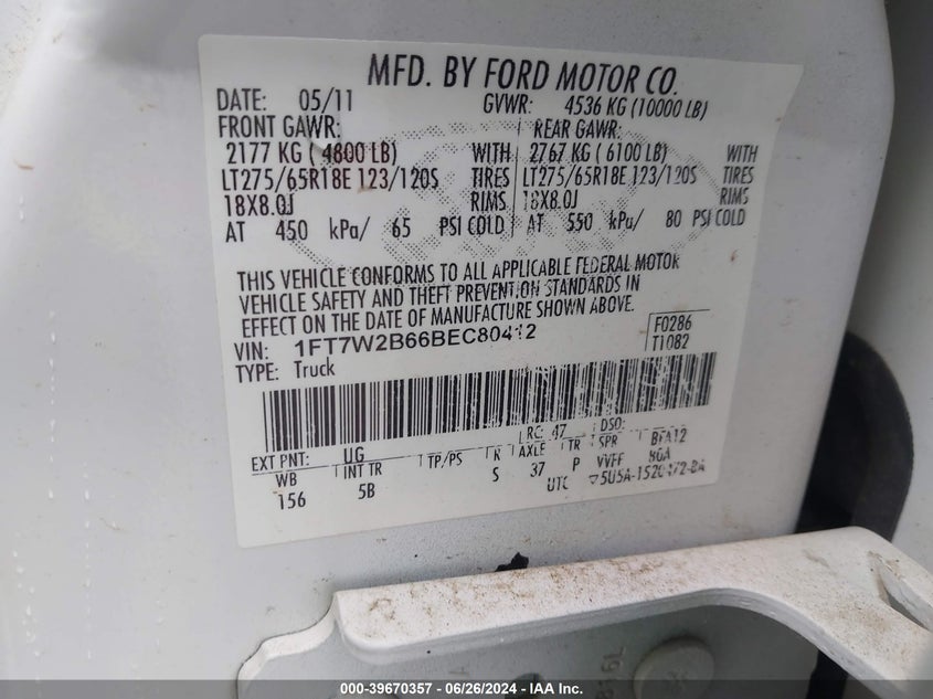 2011 Ford F-250 Lariat VIN: 1FT7W2B66BEC80412 Lot: 39670357