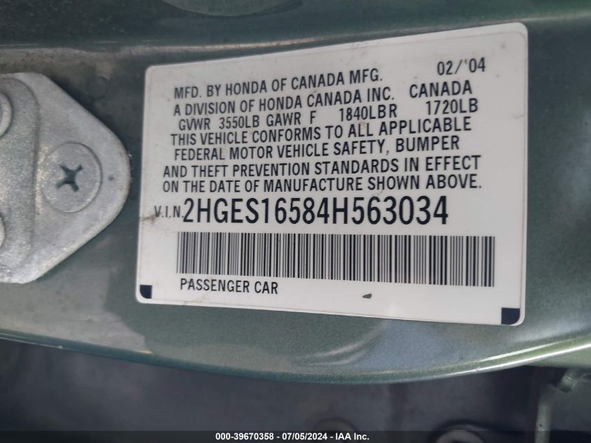 2004 Honda Civic Lx VIN: 2HGES16584H563034 Lot: 39670358