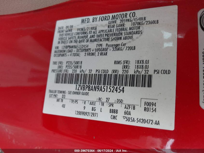 2010 Ford Mustang V6/V6 Premium VIN: 1ZVBP8AN9A5152454 Lot: 39670364