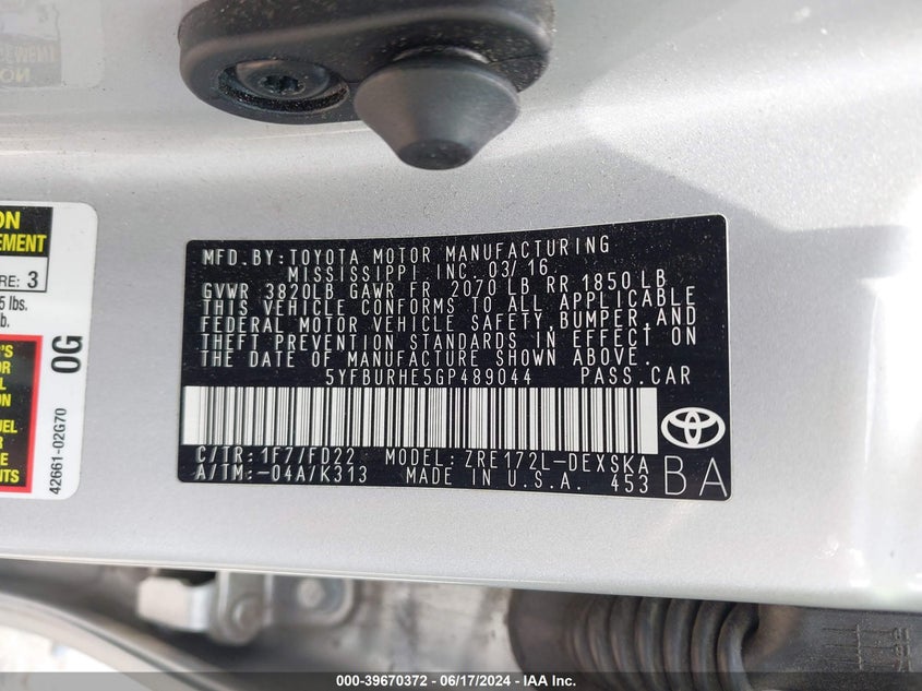 2016 Toyota Corolla S VIN: 5YFBURHE5GP489044 Lot: 39670372