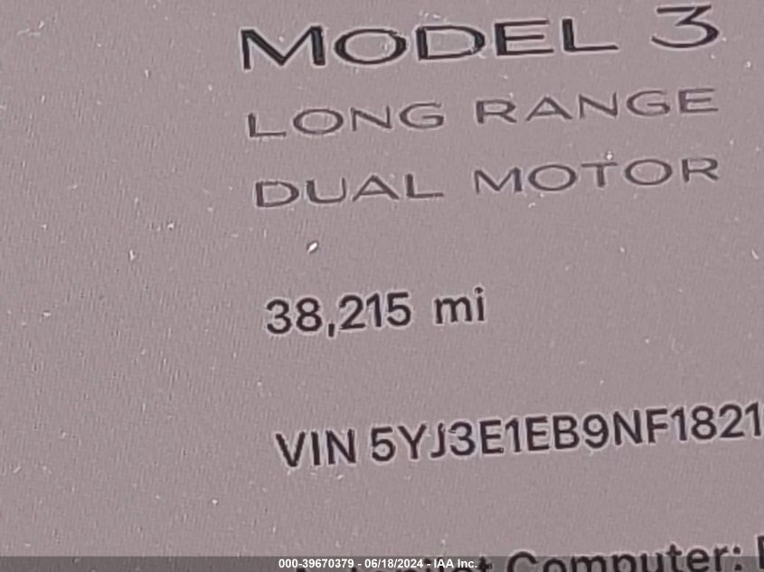 2022 Tesla Model 3 Long Range Dual Motor All-Wheel Drive VIN: 5YJ3E1EB9NF182126 Lot: 39670379