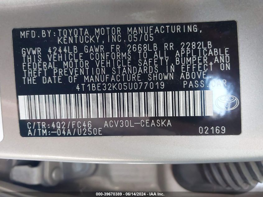 2005 Toyota Camry Se VIN: 4T1BE32K05U077019 Lot: 39670389