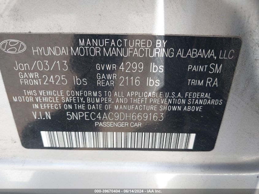 2013 Hyundai Sonata Se VIN: 5NPEC4AC9DH669163 Lot: 39670404