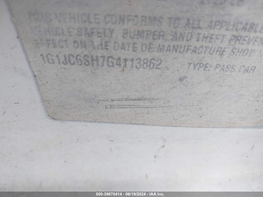 2016 Chevrolet Sonic Lt Auto VIN: 1G1JC6SH7G4113862 Lot: 39670414