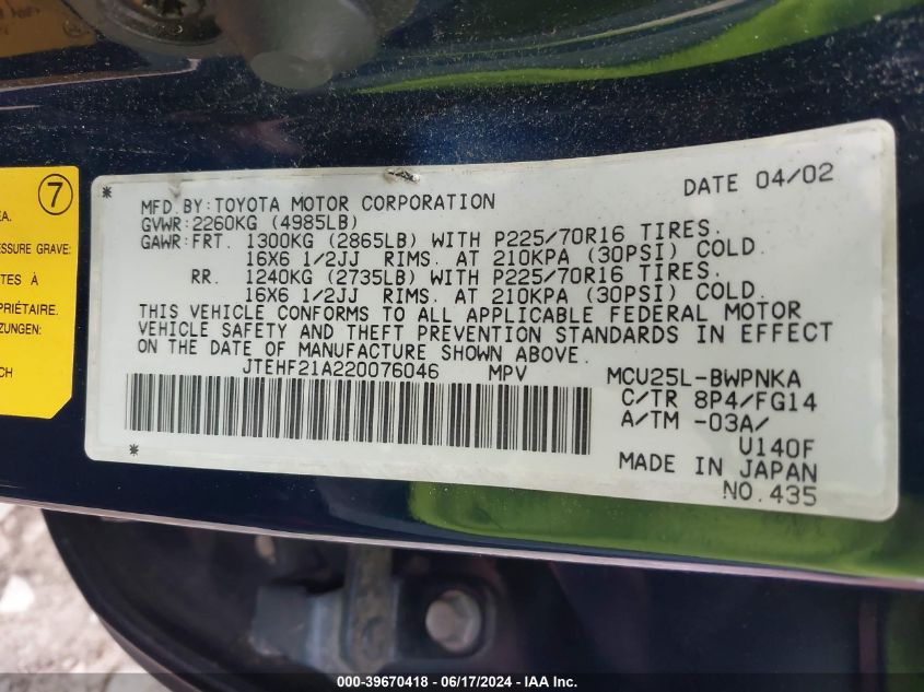 2002 Toyota Highlander V6 VIN: JTEHF21A220076046 Lot: 39670418