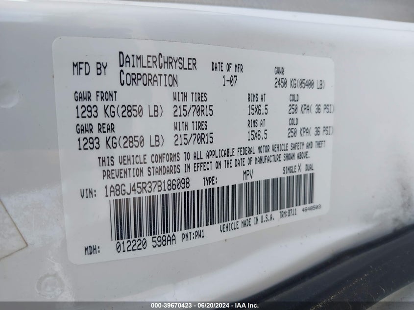 2007 Chrysler Town & Country VIN: 1A8GJ45R37B186098 Lot: 39670423