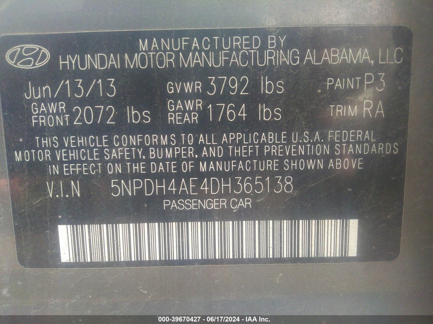 2013 Hyundai Elantra Gls VIN: 5NPDH4AE4DH365138 Lot: 39670427