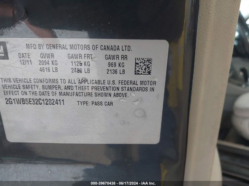 2012 Chevrolet Impala Lt VIN: 2G1WB5E32C1202411 Lot: 39670438
