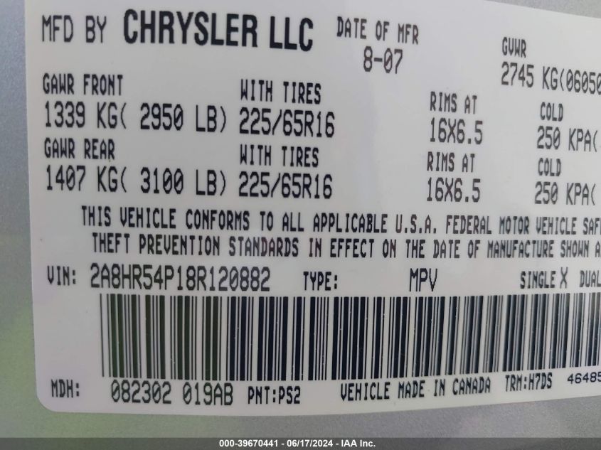 2008 Chrysler Town & Country Touring VIN: 2A8HR54P18R120882 Lot: 39670441