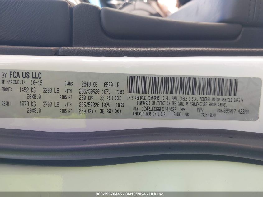 2020 Jeep Grand Cherokee High Altitude 4X2 VIN: 1C4RJECG6LC141037 Lot: 39670445