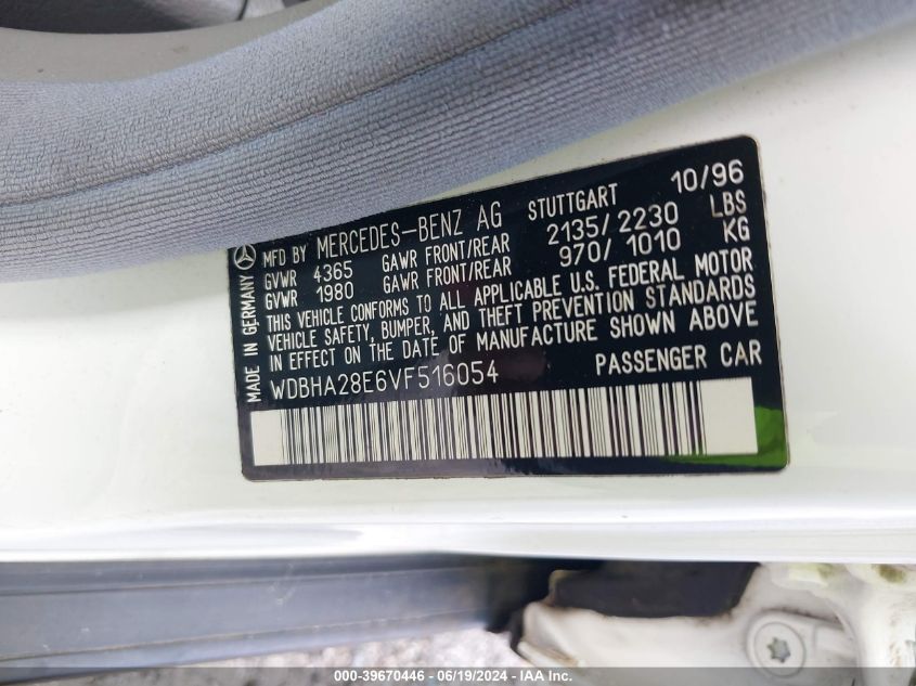 1997 Mercedes-Benz C 280 VIN: WDBHA28E6VF516054 Lot: 39670446