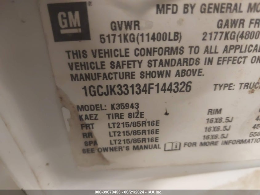 2004 Chevrolet Silverado 3500 Lt VIN: 1GCJK33134F144326 Lot: 39670453