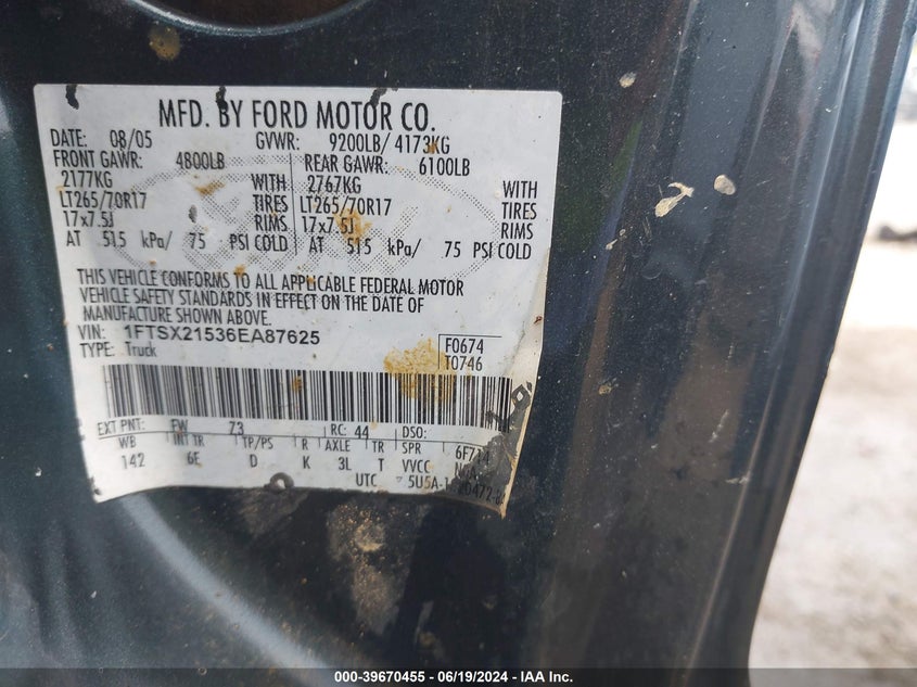 2006 Ford F250 Super Duty VIN: 1FTSX21536EA87625 Lot: 39670455