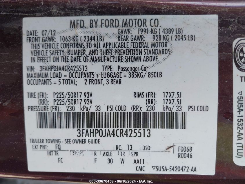 2012 Ford Fusion Sel VIN: 3FAHP0JA4CR425513 Lot: 39670459