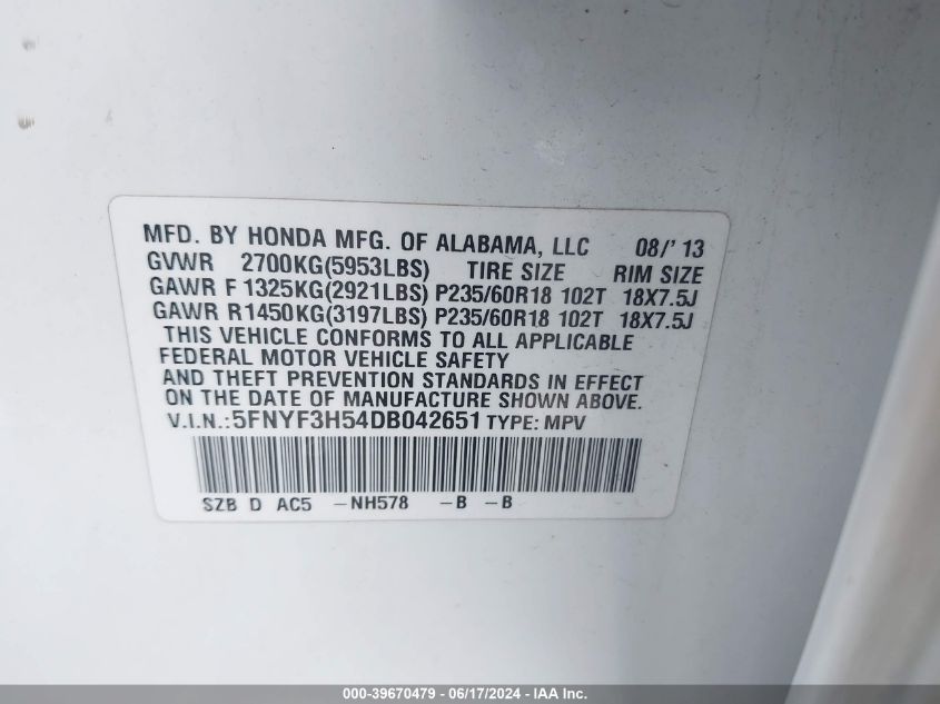 2013 Honda Pilot Ex-L VIN: 5FNYF3H54DB042651 Lot: 39670479