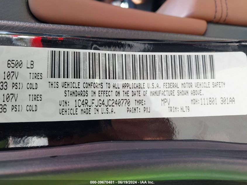 2018 Jeep Grand Cherokee Summit 4X4 VIN: 1C4RJFJG4JC240770 Lot: 39670481