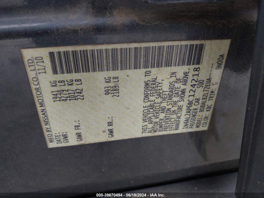 2011 Nissan Altima 2.5 S VIN: 1N4AL2AP6BC124218 Lot: 39670494