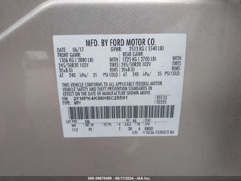 2017 Ford Edge Titanium VIN: 2FMPK4K98HBC25591 Lot: 39670499