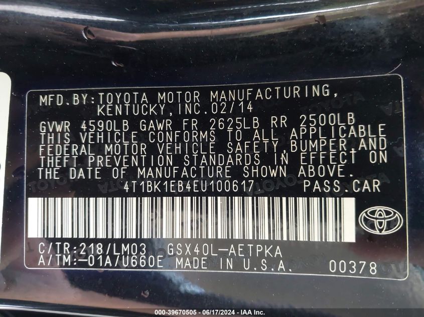 2014 Toyota Avalon Premium/Touring/Limited VIN: 4T1BK1EB4EU100617 Lot: 39670505