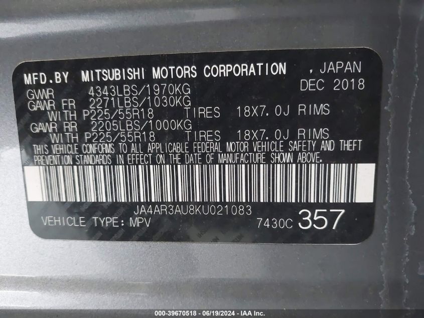 2019 Mitsubishi Outlander Sport 2.0 Es VIN: JA4AR3AU8KU021083 Lot: 39670518