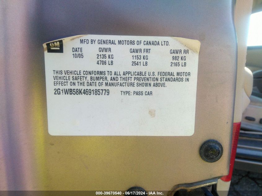 2006 Chevrolet Impala Ls VIN: 2G1WB58K469185779 Lot: 39670540