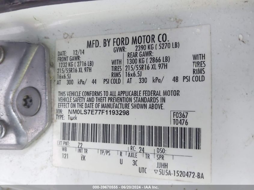 2015 Ford Transit Connect Xl VIN: NM0LS7E77F1193298 Lot: 39670555