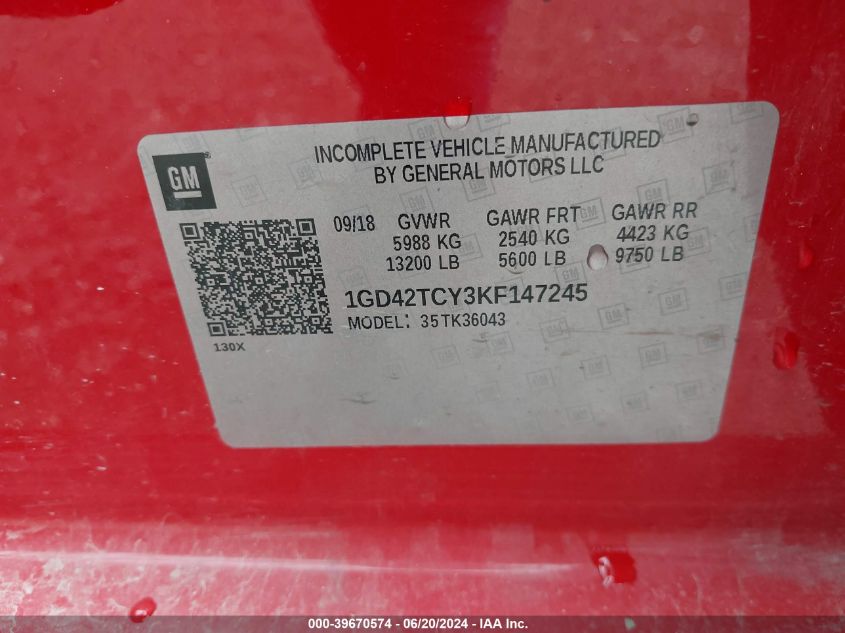 2019 GMC Sierra K3500 VIN: 1GD42TCY3KF147245 Lot: 39670574