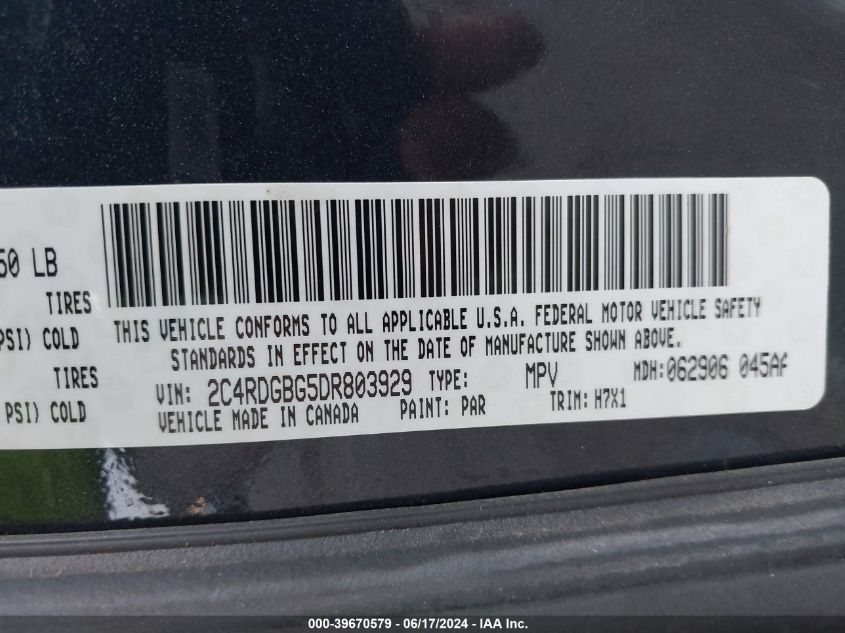 2013 Dodge Grand Caravan Se VIN: 2C4RDGBG5DR803929 Lot: 39670579