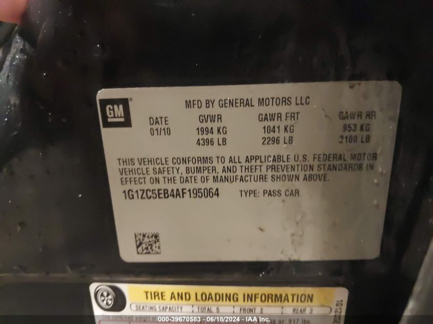 2010 Chevrolet Malibu Lt VIN: 1G1ZC5EB4AF195064 Lot: 39670583