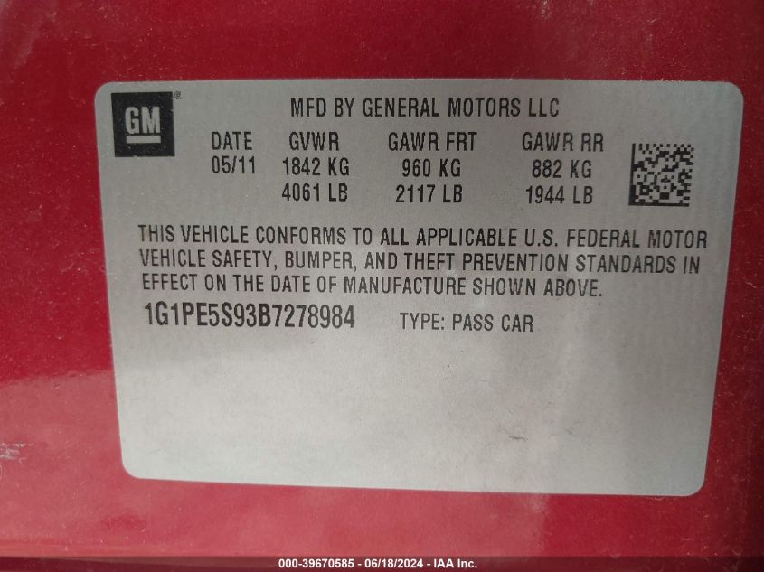 2011 Chevrolet Cruze Lt VIN: 1G1PE5S93B7278984 Lot: 39670585