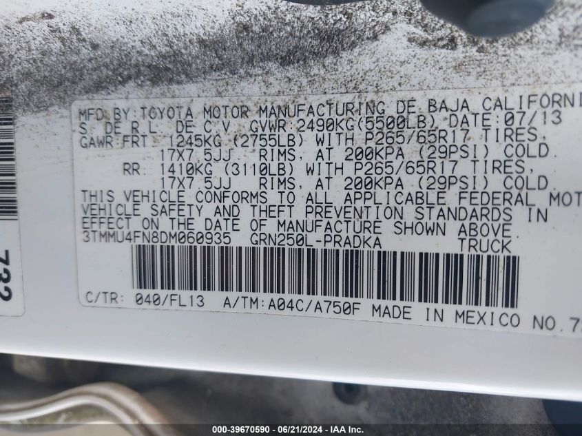 2013 Toyota Tacoma Base V6 VIN: 3TMMU4FN8DM060935 Lot: 39670590
