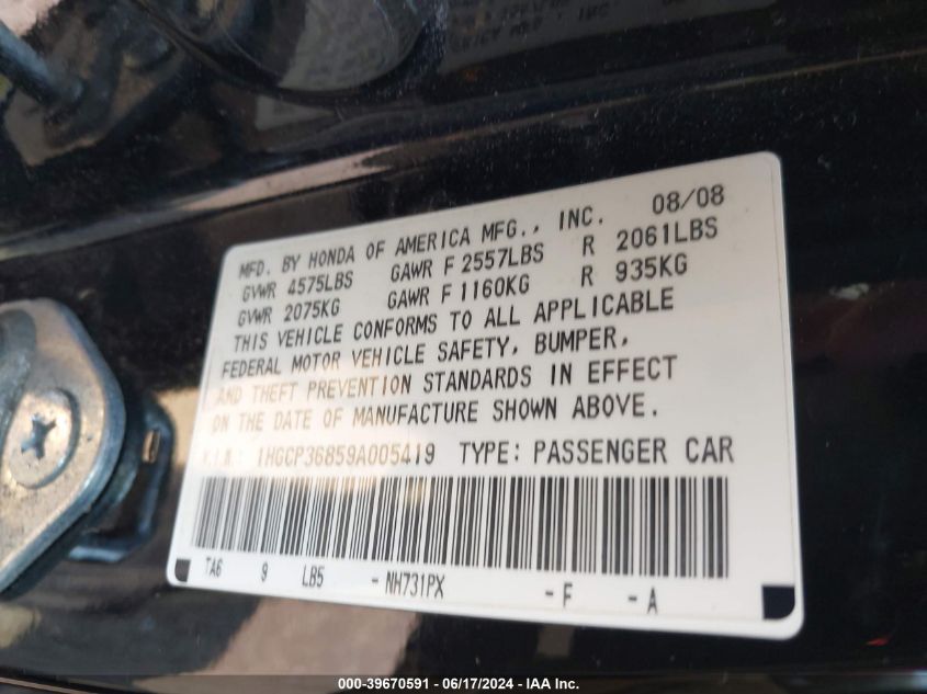 2009 Honda Accord 3.5 Ex-L VIN: 1HGCP36859A005419 Lot: 39670591