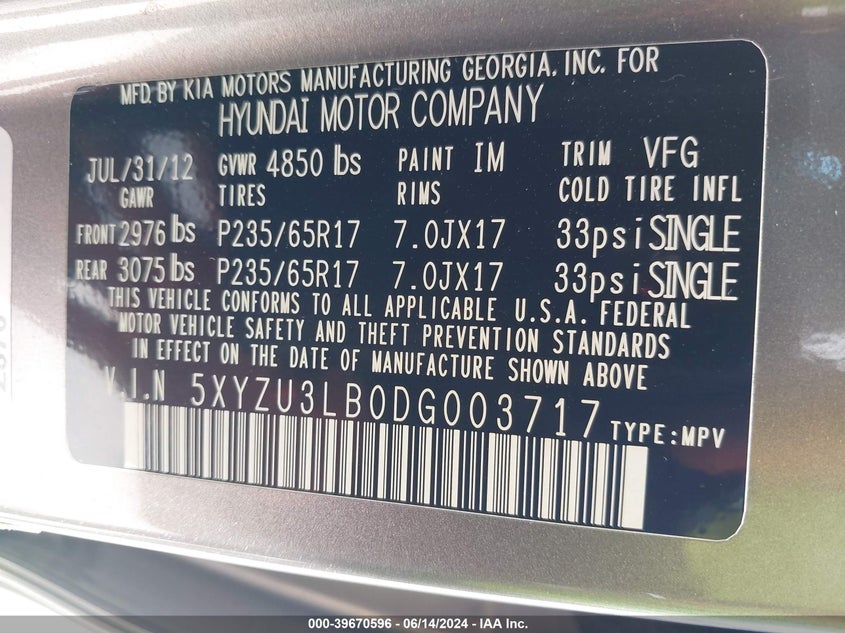 2013 Hyundai Santa Fe Sport VIN: 5XYZU3LB0DG003717 Lot: 39670596