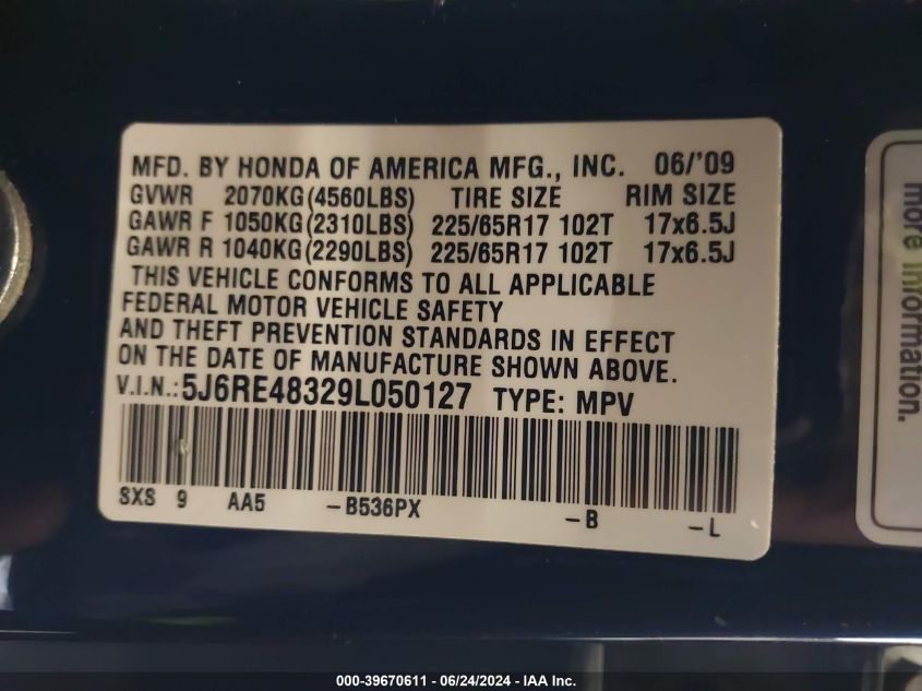 2009 Honda Cr-V Lx VIN: 5J6RE48329L050127 Lot: 39670611