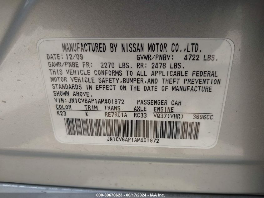 2010 Infiniti G37 Journey VIN: JN1CV6AP1AM401972 Lot: 39670623